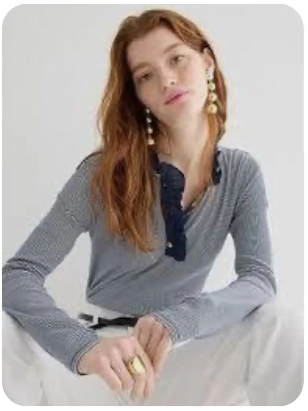 J. Crew Navy and White Micro-Stripe Long-Sleeve V-Neck Top